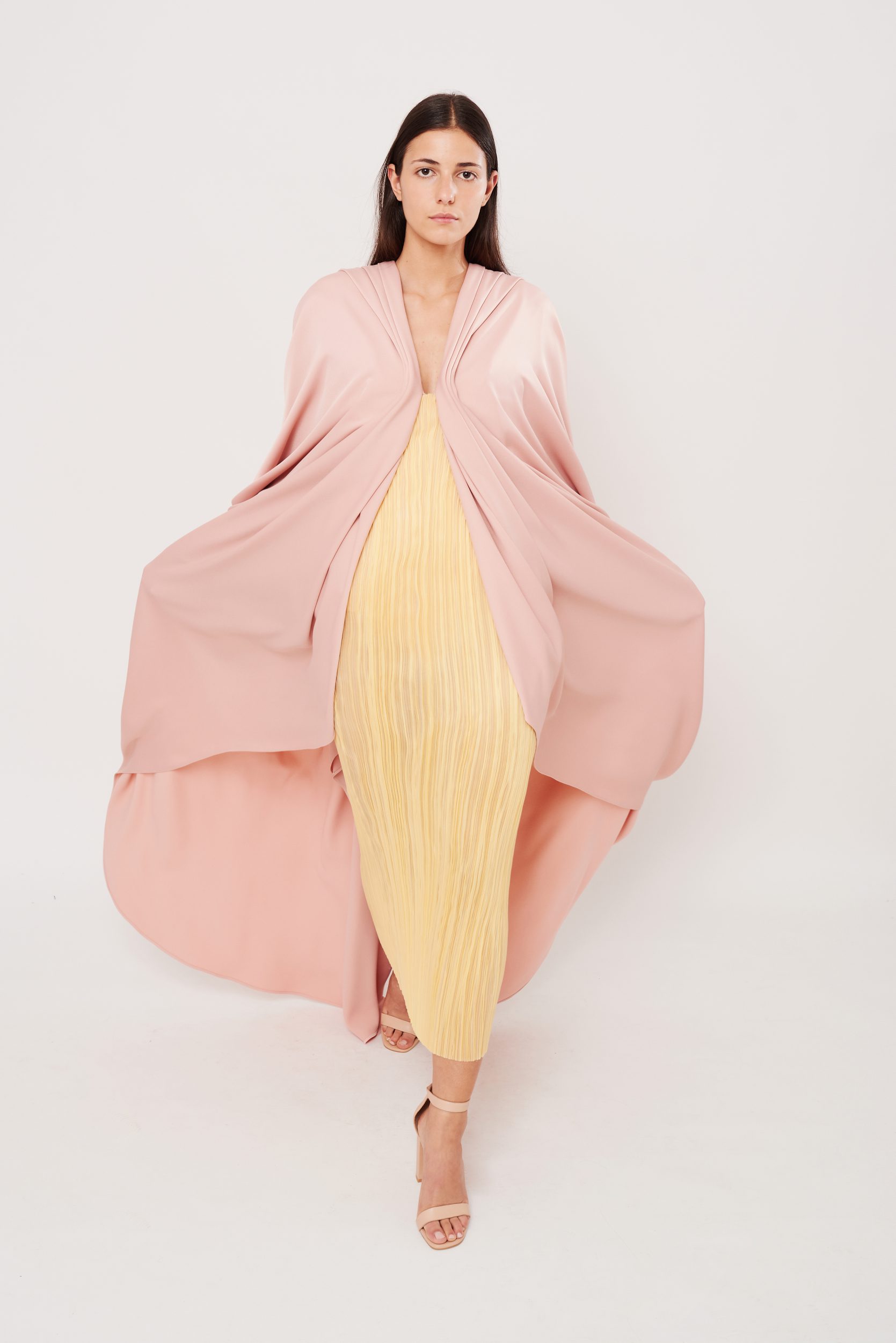 Satin crepe body-cape / Pleated silk organza midi skirt